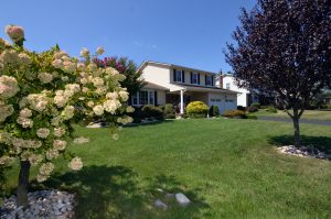 Curb appeal of Hamilton NJ home with mature landscaping and green lawn