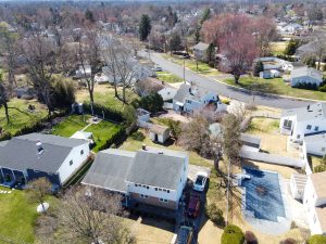 Aerial view of Hamilton NJ neighborhood with homes and large yards