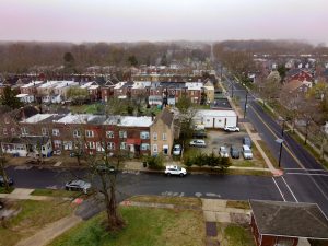 Aerial view of Roebling NJ neighborhood showing street layout, parking, and access to surrounding roads