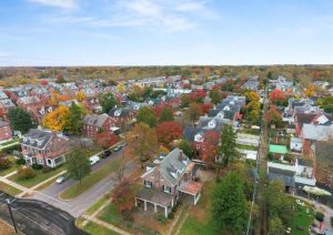 Aerial view of Roebling NJ neighborhood showing rows of historic brick homes and organized street layout
