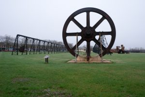 Historic industrial wheel structure in Roebling NJ representing the town’s manufacturing past