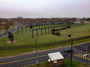 Aerial view of historic steel structure park in Roebling NJ tied to the Roebling company