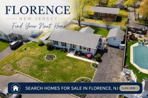 Clickable image linking to homes for sale in Florence Township NJ featuring a drone view of a suburban residential neighborhood with single-family homes and backyard spaces