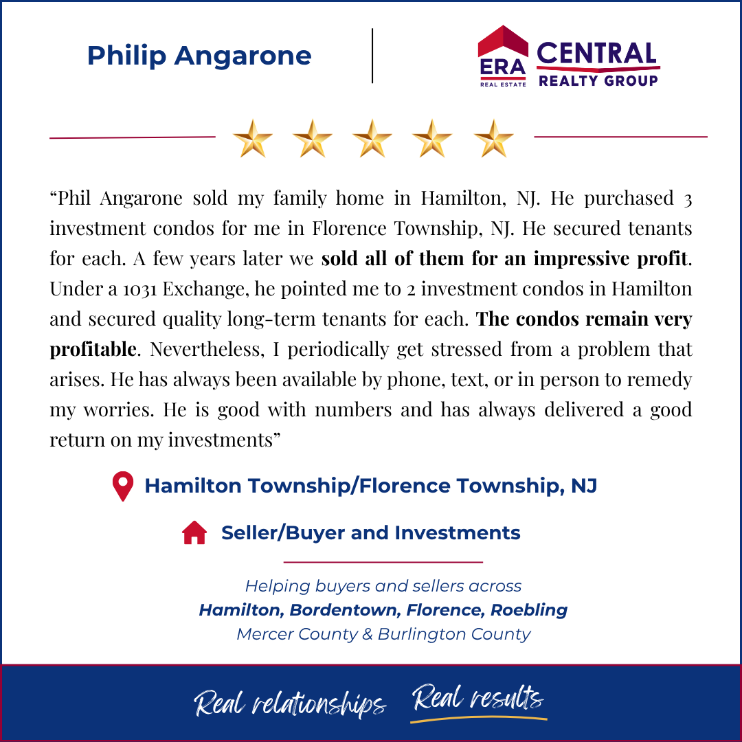 Phil Angarone sold my family home in Hamilton, NJ. He purchased 3 investment condos for me in Florence Township, NJ. He secured tenants for each. A few years later we sold all of them for an impressive profit. Under a 1031 Exchange, he pointed me to 2 investment condos in Hamilton and secured quality long-term tenants for each. The condos remain very profitable. Nevertheless, I periodically get stressed from a problem that arises. He has always been available by phone, text, or in person to remedy my worries. He is good with numbers and has always delivered a good return on my investments.