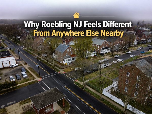 Aerial view of historic Roebling NJ neighborhood near the Delaware River showing brick homes and community layout