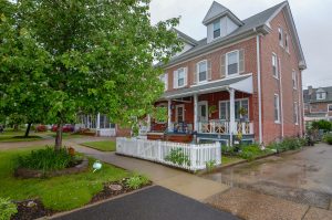 Brick homes and walkable neighborhood streetscape in historic Roebling NJ