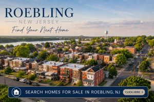 Clickable image linking to homes for sale in Roebling NJ featuring an aerial view of historic row homes, neighborhood streets, and the Delaware River