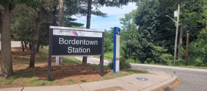 Bordentown River Line station sign providing public transit access in Bordentown City NJ