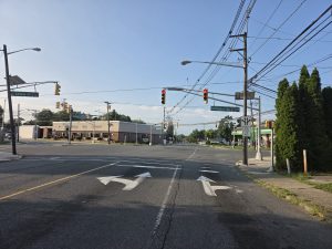 The Five Points intersection in Hamilton Township NJ with Mercerville Fire Company and surrounding businesses.
