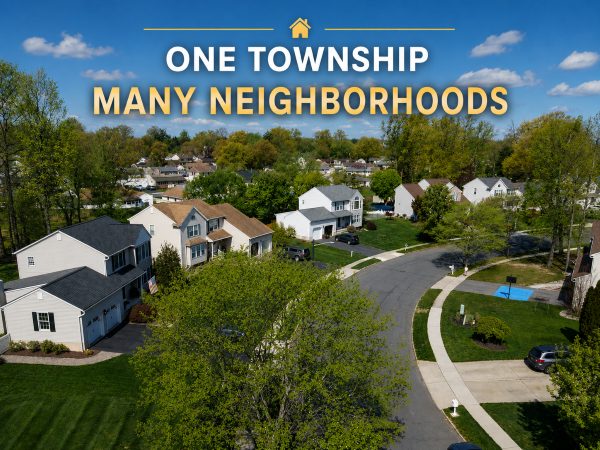Aerial view of an established residential neighborhood in Hamilton Township NJ with tree-lined streets, sidewalks, and a variety of homes.