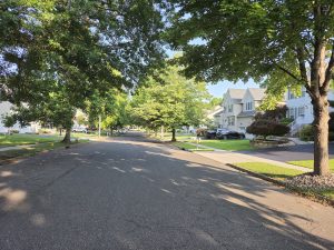 Tree-lined residential street with well-maintained homes in an established Hamilton Township neighborhood.
