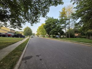 Tree-lined residential street in the Golden Crest neighborhood of Hamilton Square NJ with mature landscaping and established homes.