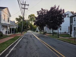 Historic residential streetscape along Mercer Street in Hamilton Square NJ featuring older homes, sidewalks, mature trees, and brick walkways.