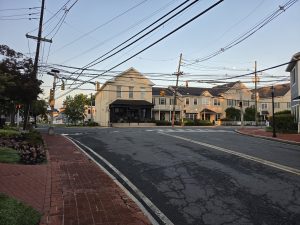 Intersection of Mercer Street and Nottingham Way in the historic center of Hamilton Square NJ.