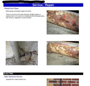 Home inspection report page showing repair recommendations and inspection photos related to property conditions.