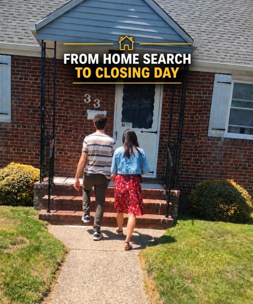 Home buyers walking toward the front entrance of a brick home in Ewing NJ during a property showing.