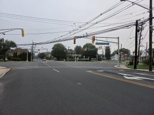 Five Points intersection in the Mercerville section of Hamilton Township NJ showing Nottingham Way and the surrounding five-way intersection.