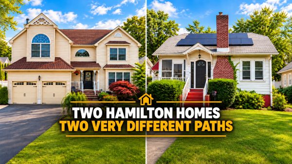 Side-by-side exterior views of two Hamilton Township NJ homes featured in a client journey about two different home sale strategies.